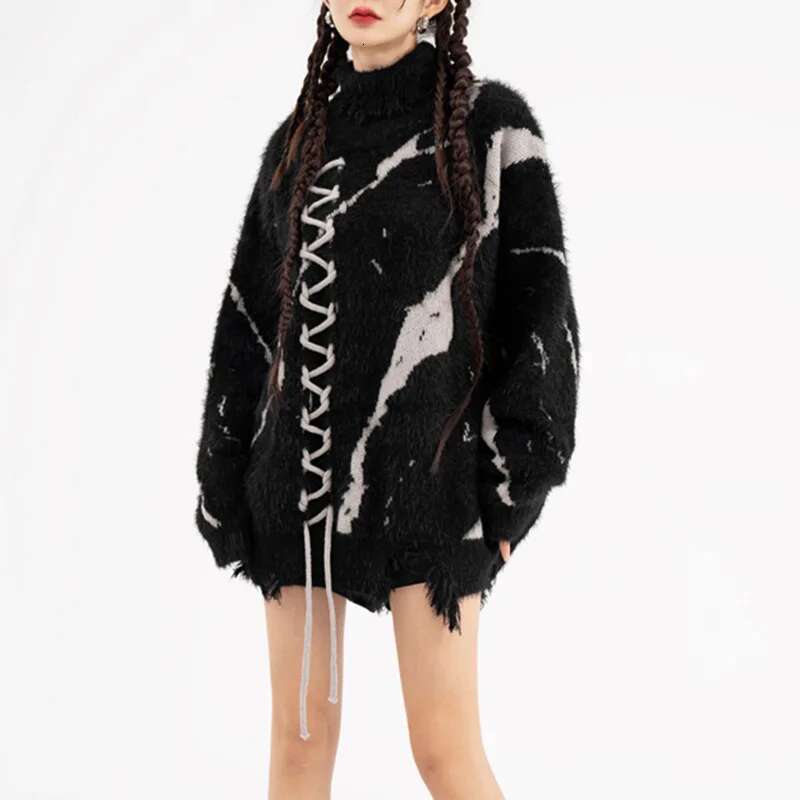 Front Lace Up Tie Dye Frayed Neck Sweaters Men's High Street Retro Casual Oversized Unisex Woolen Clothes Knitted Sweater