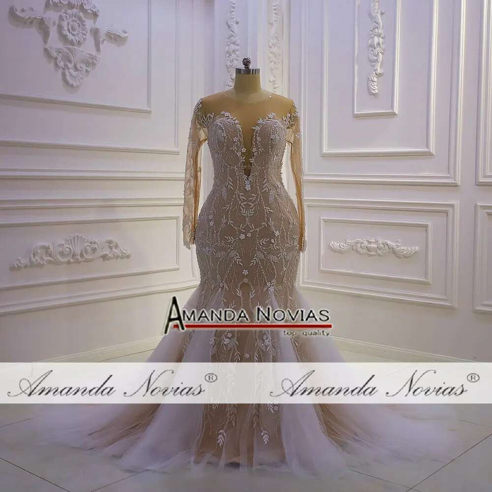 Mermaid Bridal Dress 2 in 1 with V Neckline and Lace Long Sleeves