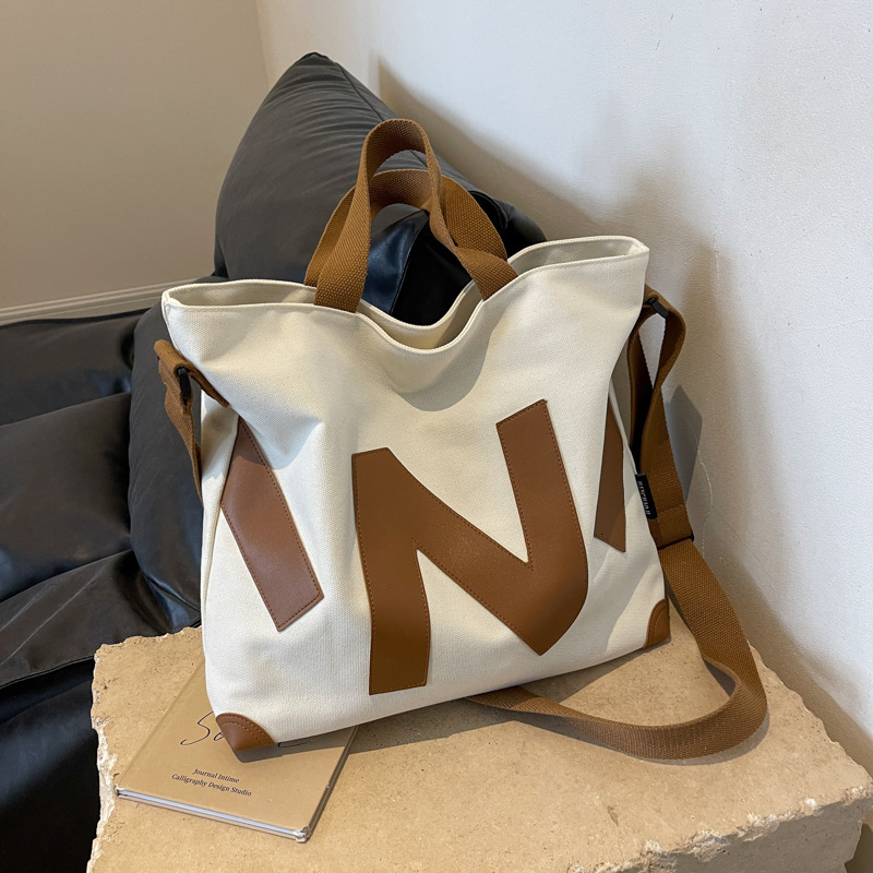 Bag Handheld Canvas Women's New Large Capacity Shoulder Bag, Fashionable Letter Student Class Commuting Bag