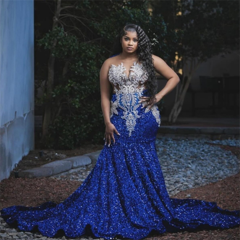 Plus Size Royal Blue Evening Dress With Beaded Elegant Mermaid Sequin African Black Girls Prom Dress Formal Birthday Bespoke Occasion Ceremony Party G