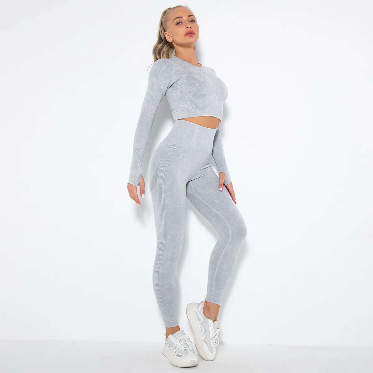 Washed-Die Woman Seamless Yoga 2Pcs Set Clothes Stretch Sleeved Shirt Sports Outfits High Waist Buttock Lift Leggings Suit