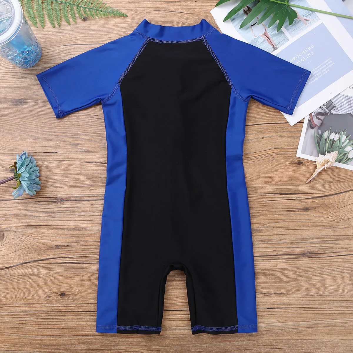 Kids Boys Girls One-piece Suits Rash Guards for Surfing Short Sleeves Zippered Shor Wetsuits Swimsuit Swimwear Bathing Suits Z250214