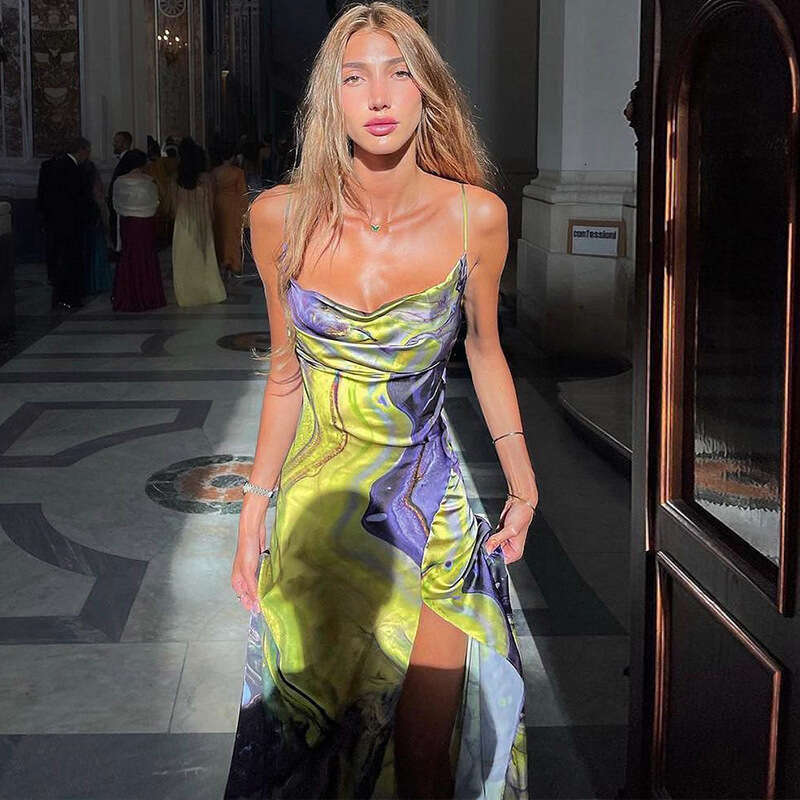 European and American style women's summer fashion print slim fit slit backless strapless suspender dress wholesale 2025 temperament versatile ne