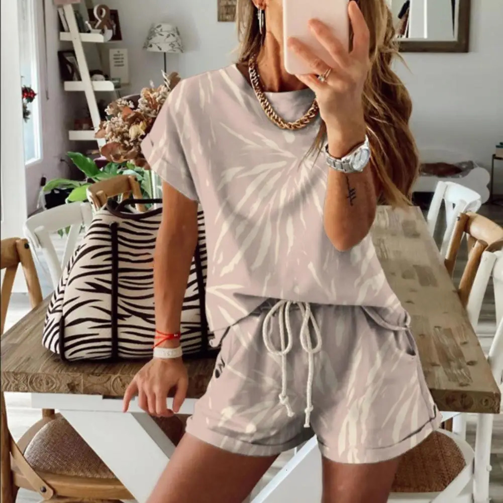 Women Outfit Suit Summer Women Two Pieces Set O Neck Short Sleeve T-shirt Drawstring Shorts Tie Dye Outfit Sports Running Sets 250210
