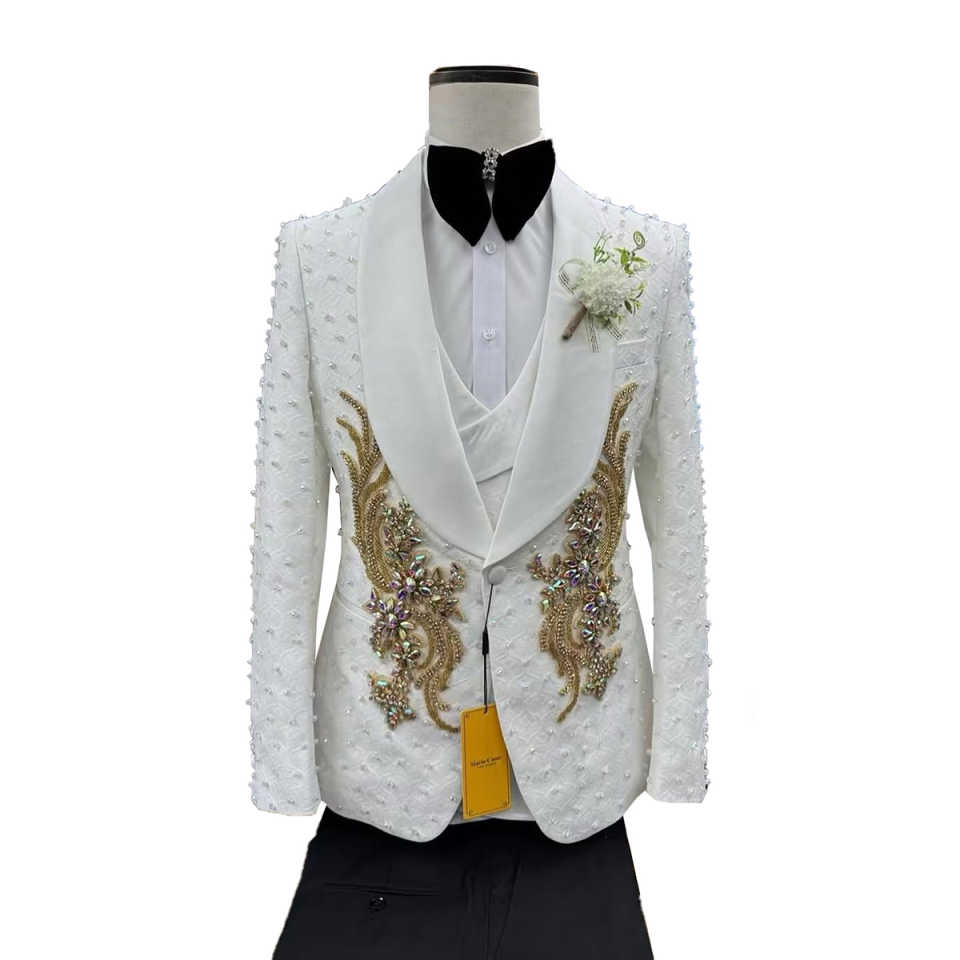 Luxury Wedding Tuxedos Appliques Pearls One Button Men Suits Shawl Lapel 3 Piece Set Jacket Vest Pants Groom Blazers Customized