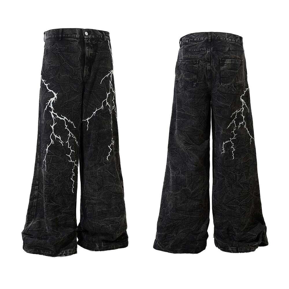 High Street Lighing Embroidery Wide Leg Baggy Black Jeans For Men Straight Ropa Hombre Loose Casual Denim Trousers Oversized
