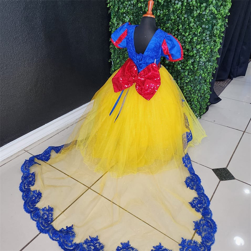 Blue And Gold Flower Girls Dress 2025 Short Sleeve Sequin Mariachi Kid Pageant Party Lace First Communion Birthday Dress Princess Kids Vestio De Novia