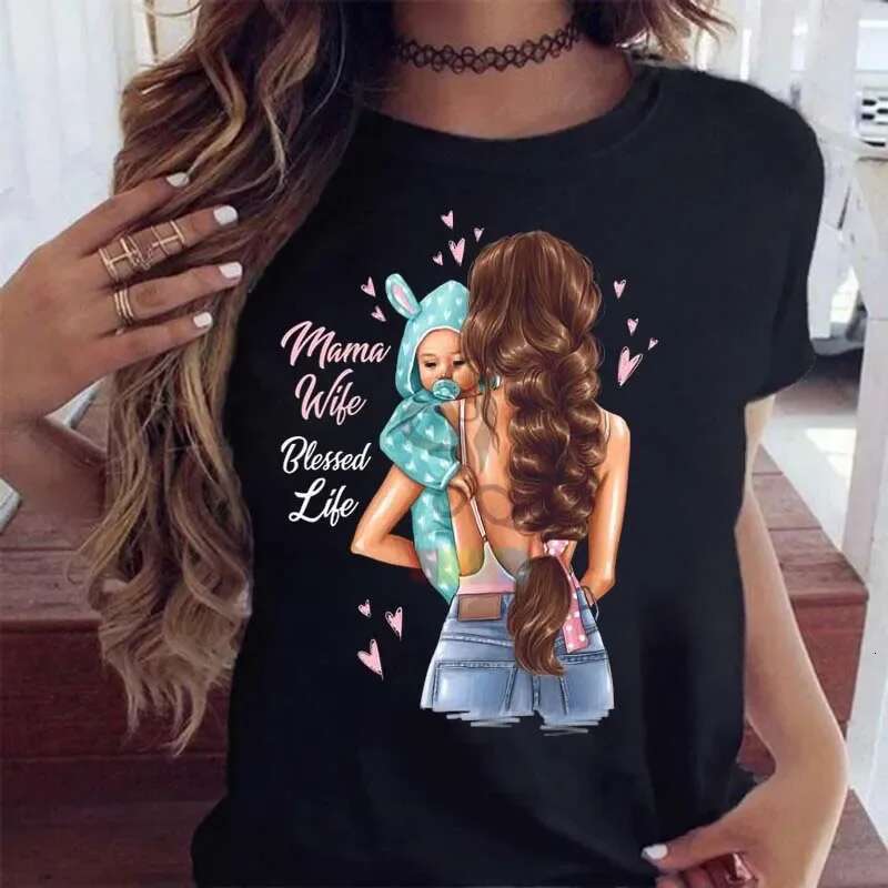 Plus Size Maycaur Women T Cartoon Mom With Son Shirt Fashion Print Casual Woman Tee Ladies Female T-Shirt Short Sleeve Top