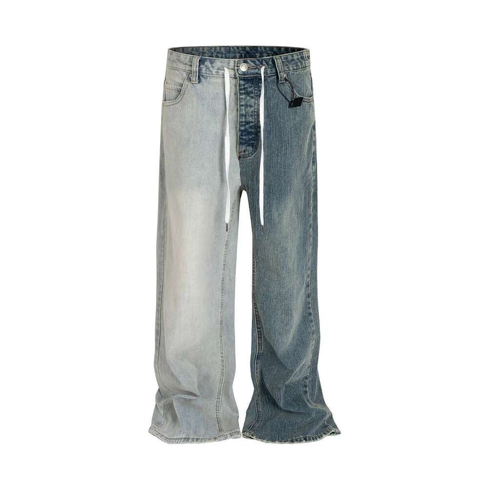 Asymmetric Patchwork Drawstring Jeans For Men And Women Streetwear Casual Baggy Denim Trousers Straight Loose Cargo Pants