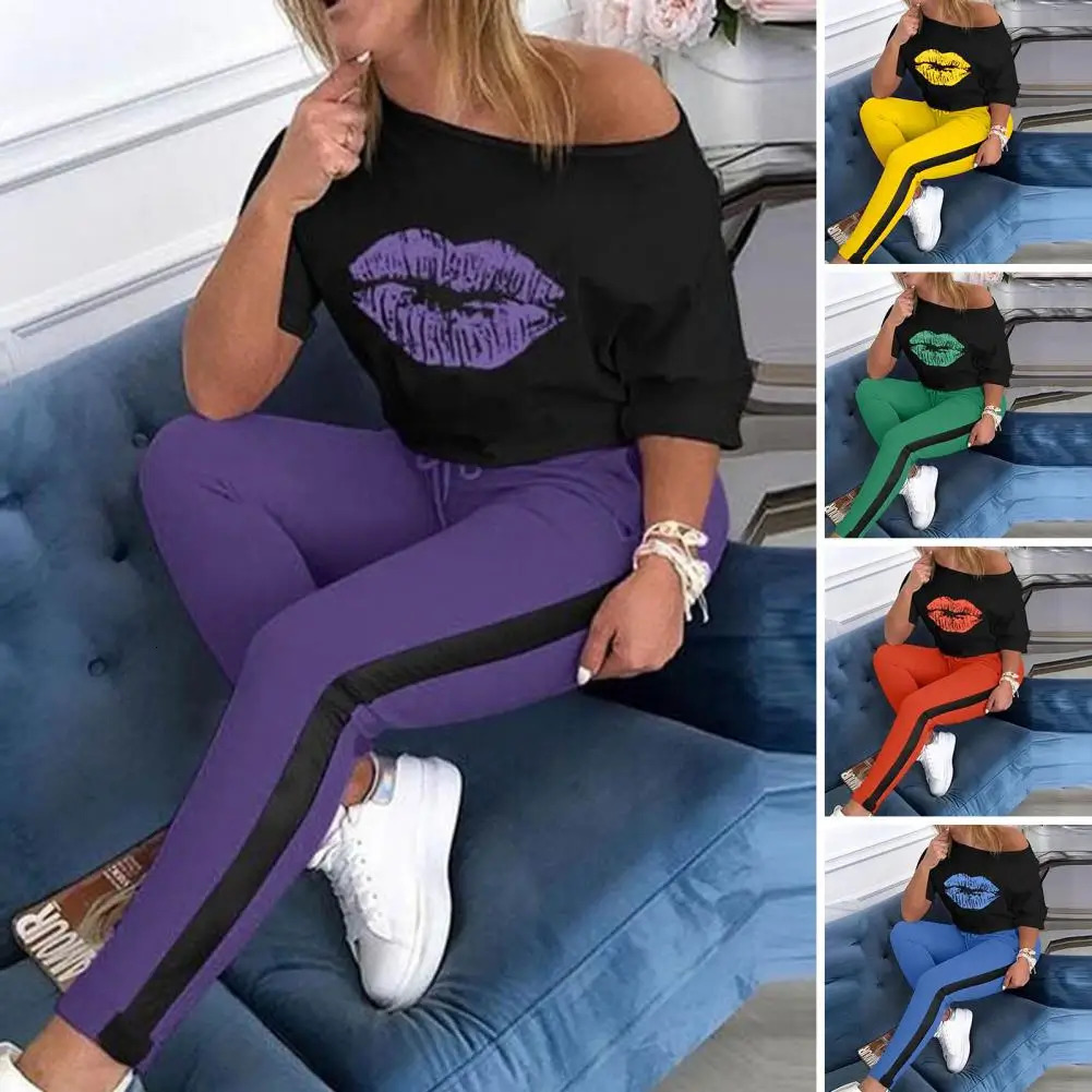 2 Pcs/Set Chic Sport Tracksuit Casual Women Top Pants Set Contrast Color Sports Soft T-shirt Pants Set 250210