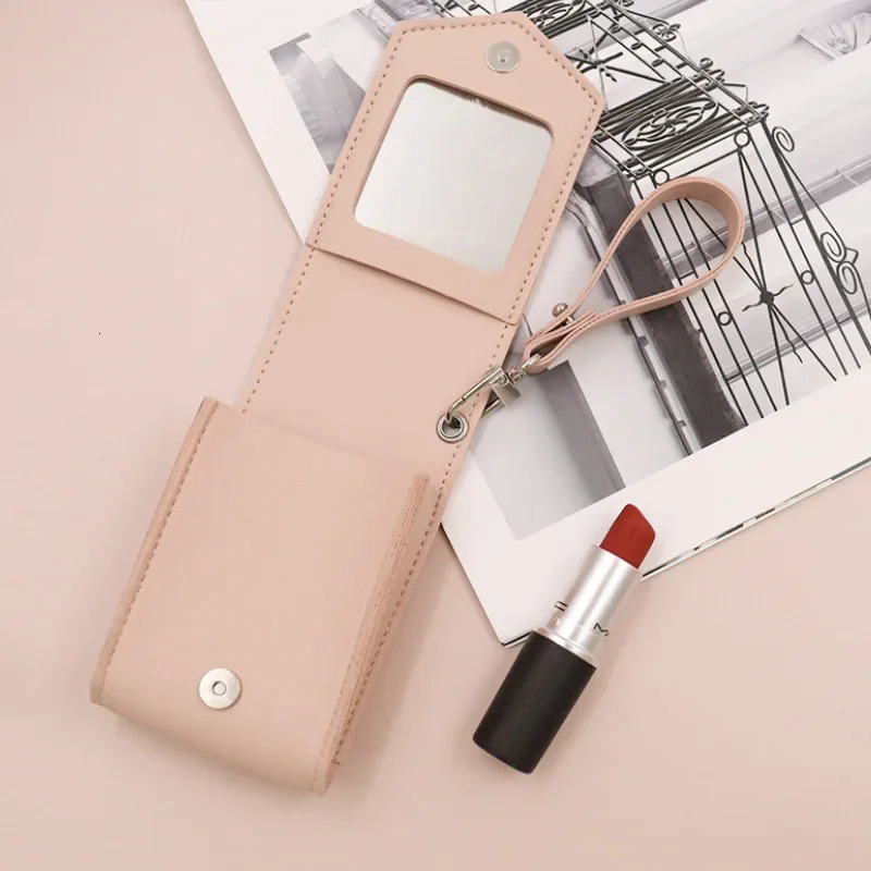 Portable Women Lipstick Case with Lanyard Elegant Solid Color Chic Makeup Bag with Mirrors Keychain Earphone Lip Storage Bag 250207