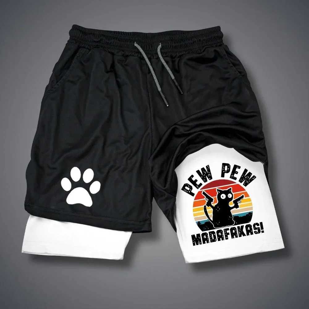 Funny Cat Print Running Shorts Men Sportswear Y2k Animal Pattern Gym Quick Dry Short Pant Summer Fitness Double-deck Short PantXJ250213
