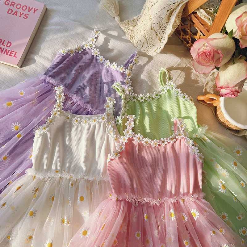 Girls Casual Dresses Little Daisy Flower Mesh Dress for Girls Summer Camisole Pompadour Dress Girls Clothes for2 To 7 Years Z250214
