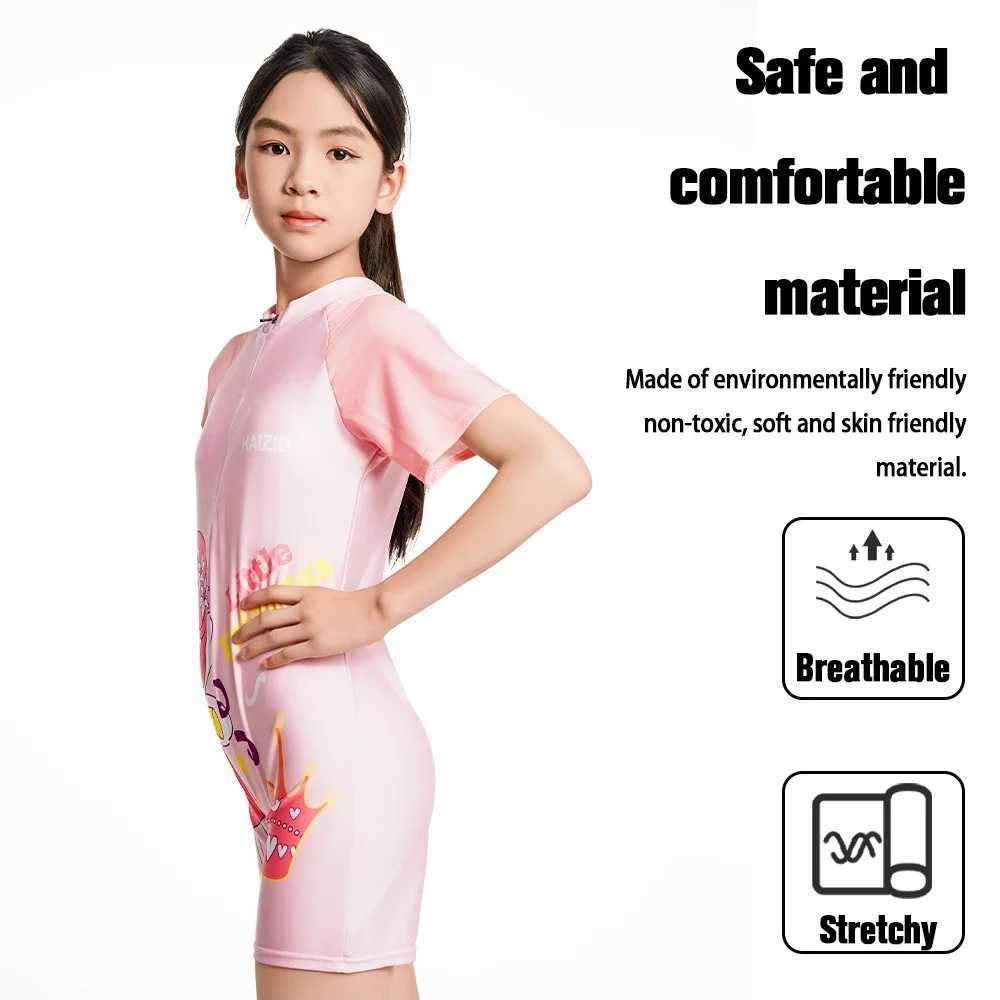 Girls Summer One-Piece Swimsuit with Fairy Print Large Size Quick-Dry Swimwear Short Sleeve Zipper Professional Swimwear for Kid Z250214
