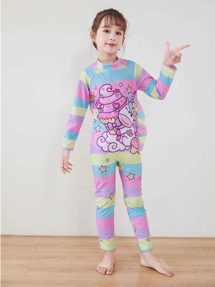 One-Piece Children Swimsuits Kid Swimwear Girls Long Sleeve Sun Protection with swimming caps 2Pcs Set 3 4 5 6 7 8 9 10 11 Years Z250214
