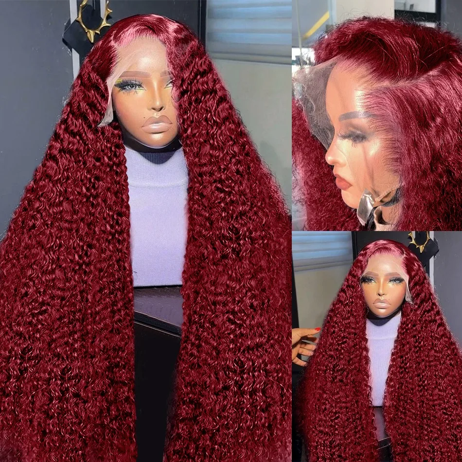 250 Density Malasian 13x4 Curly 99J Burgundy Colored Lace Front Wig 30 40 Inch Deep Wave 360 HD Lace Frontal SimulationHuman Hair Wigs For Women