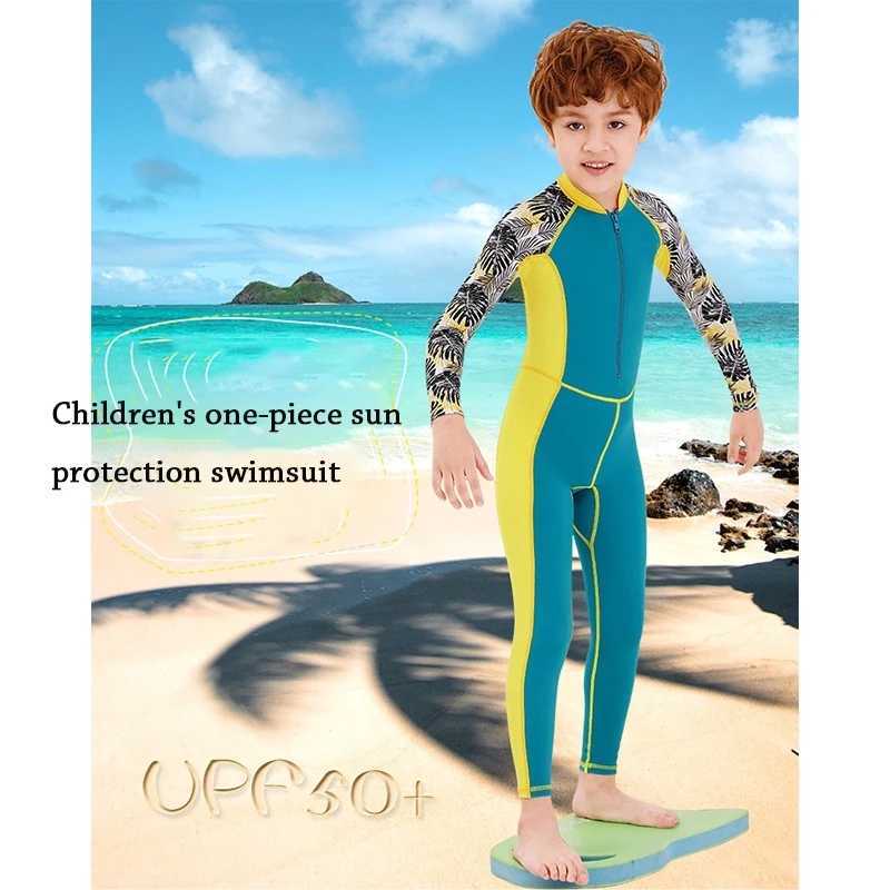 One-Piece Quick Drying Summer Boys Swimwear Children Swimsuits Kid Short Sleeve Sun Protection (including swimming caps) Z250214