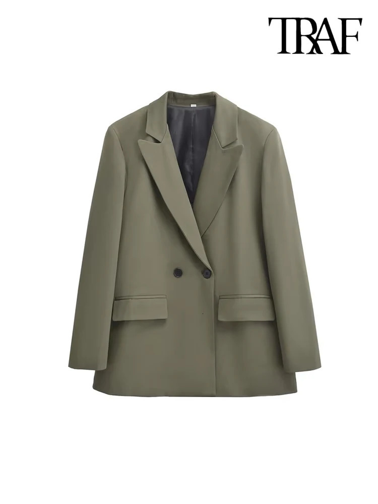 TRAFWomens Double Breasted Office Wear Blazer Coat Long Sleeve Flap Pockets Female Outerwear Chic Tops Fashion 250213