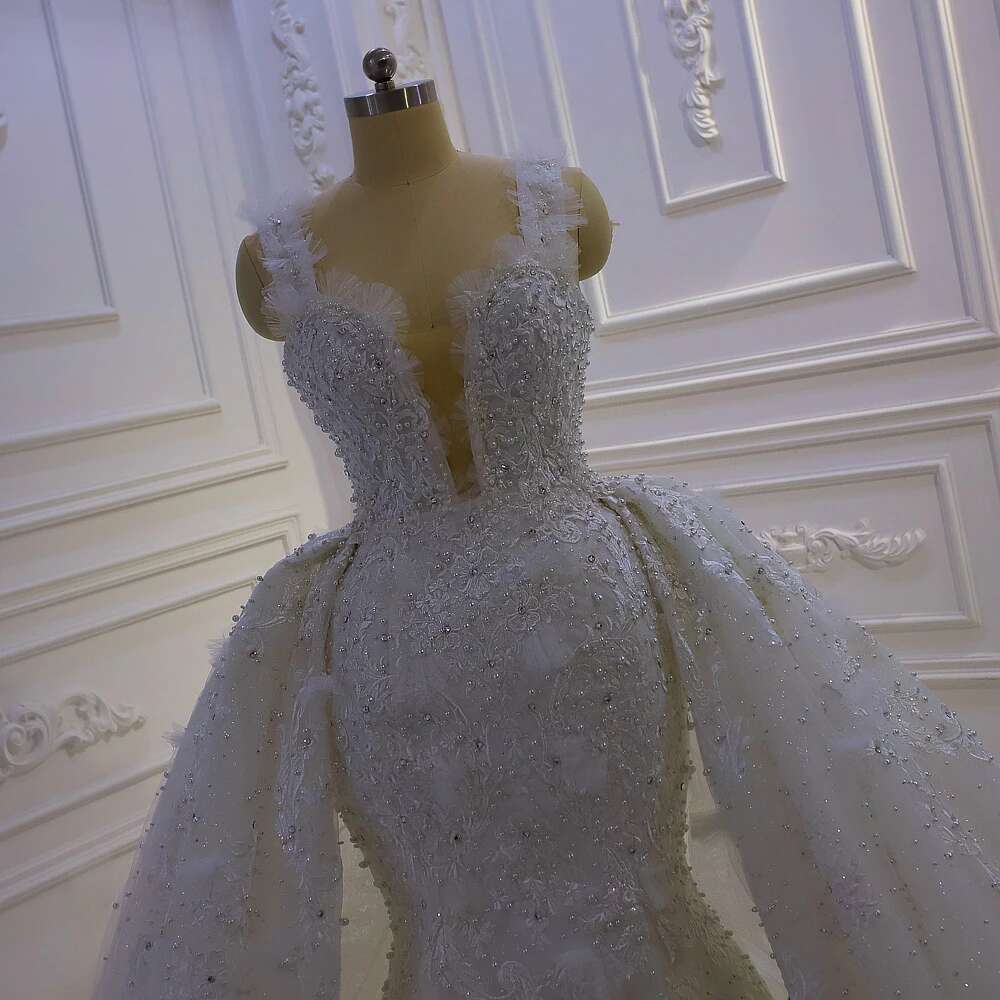 Custom Thin Straps Appliques Lace Neckline Deep V-neck 2 in 1 Mermaid Wedding Dress