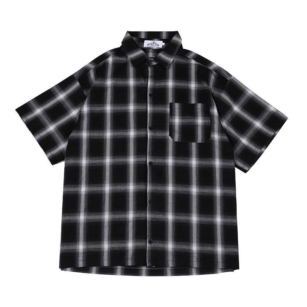 Haruku Summer Short Sleeve Plaid Shirt For Men Lapel Patchwork Hip Hop Overalls Streetwear Vintage Loose Oversized Tops