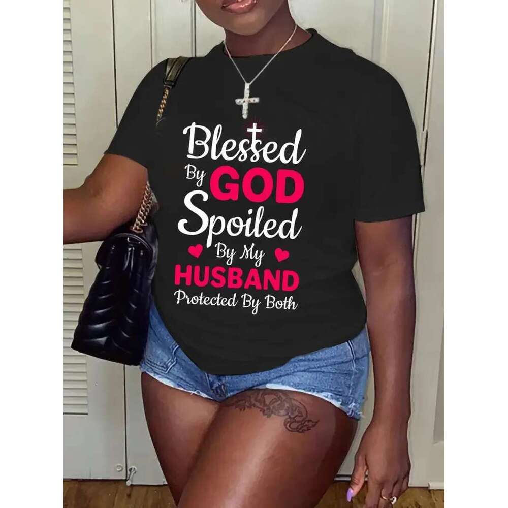 Size Casual T-Shirt, Women's Plus Letter Print Round Neck Short Sleeve Slogan Graphic Tee