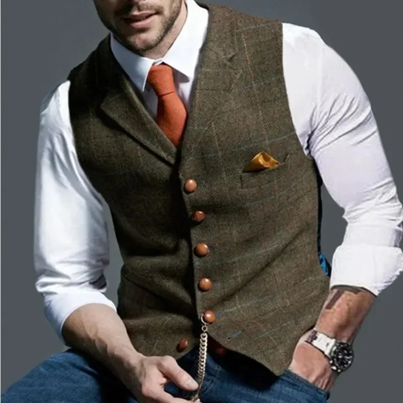 Mens Casual Classic Suit Vest Retro Herringbone Lapel Cotton Blended T Slim Business Lined S3XL 250108