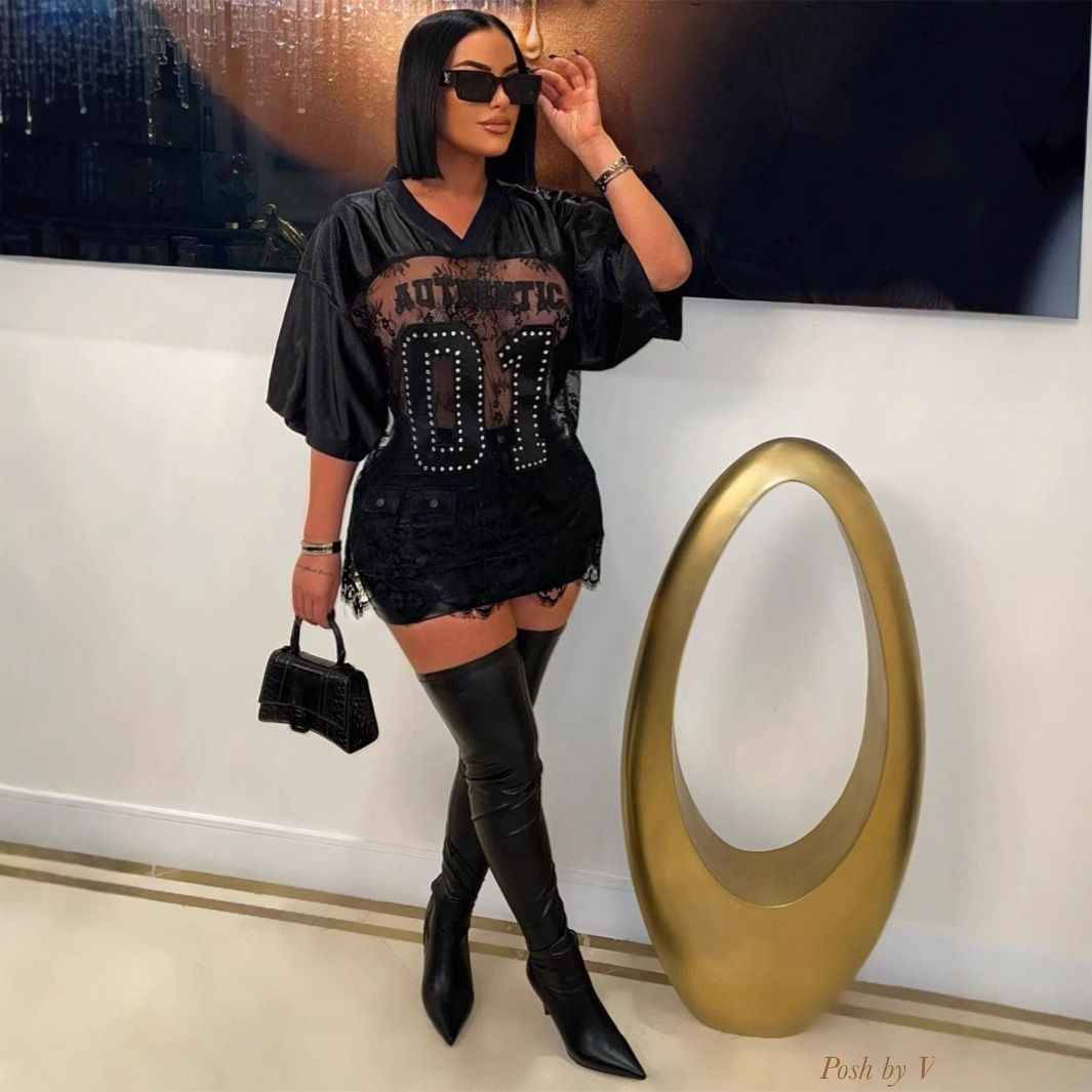 Designer Autumn New Printed Loose Casual Street Perspective Sexy Lace Patchwork T-shirt Short Sleeved Top