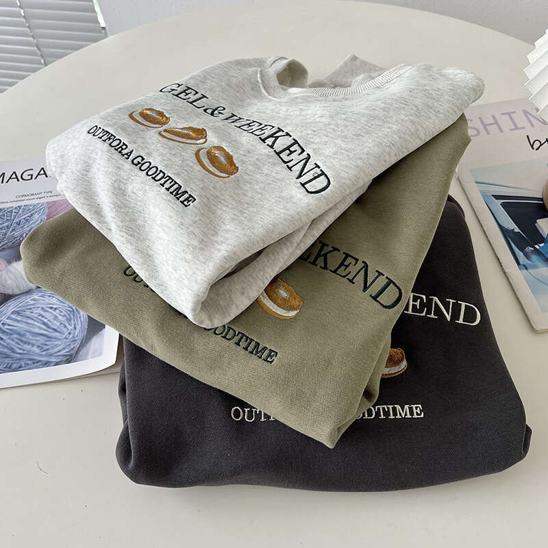 Pattern Embroidered Round Neck Sweatshirt Women, Autumn Cotton Loose Letter Long Sleeved Top