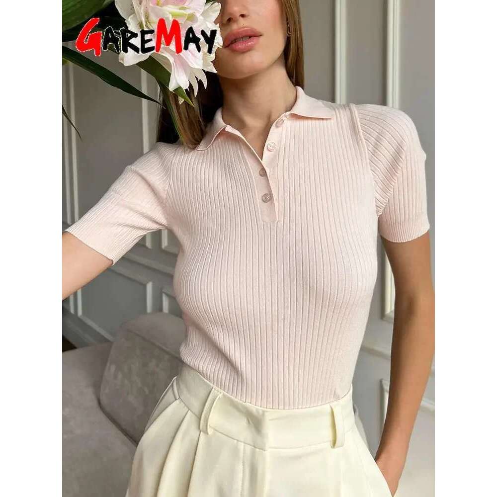 Women's Knitted T-Shirt Green Elegant Short Sleeve Summer Top Ribbed Sweater Slim Basic Polo With Collar For Women