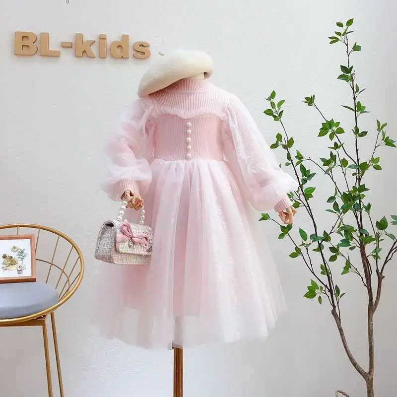 Korean Sle Girls Dress 2025 Spring Autumn Long Sleeves Mesh Pearl Sweet Fashion Little Princess Dress 3-10 Years Kids Clothes Z250214