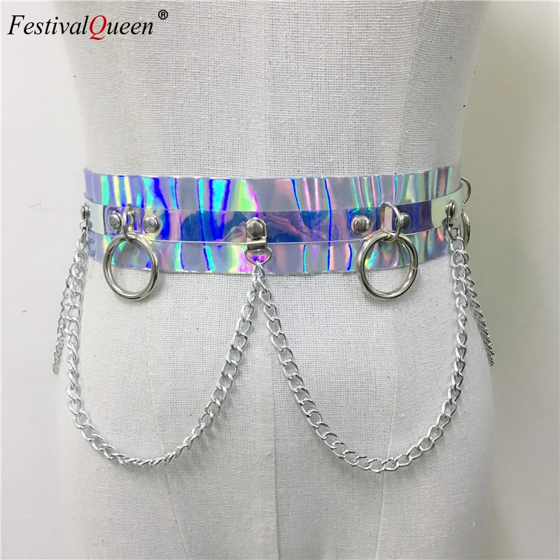 Festival Queen Womens Shiny Artificial Leather Strap Color Holographic Silver Metal Punk Chain Nightclub Party Waist Bell 250110