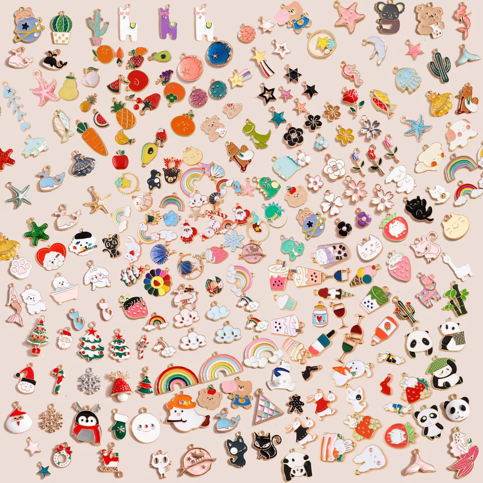 Leslie Bulk Sale 50/100pcs Enamel Cartoon Hearts Animal Charms Flowers Fruits Rainbow Pendants for DIY Jewelry Making Wholesale 250214