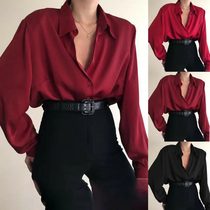 Women Button Blouses Turn Down Collar Shirts Office Lady Long Sleeve Casual Blouse Loose OL Shirt Baggy Tops RedWine Red Black 250213