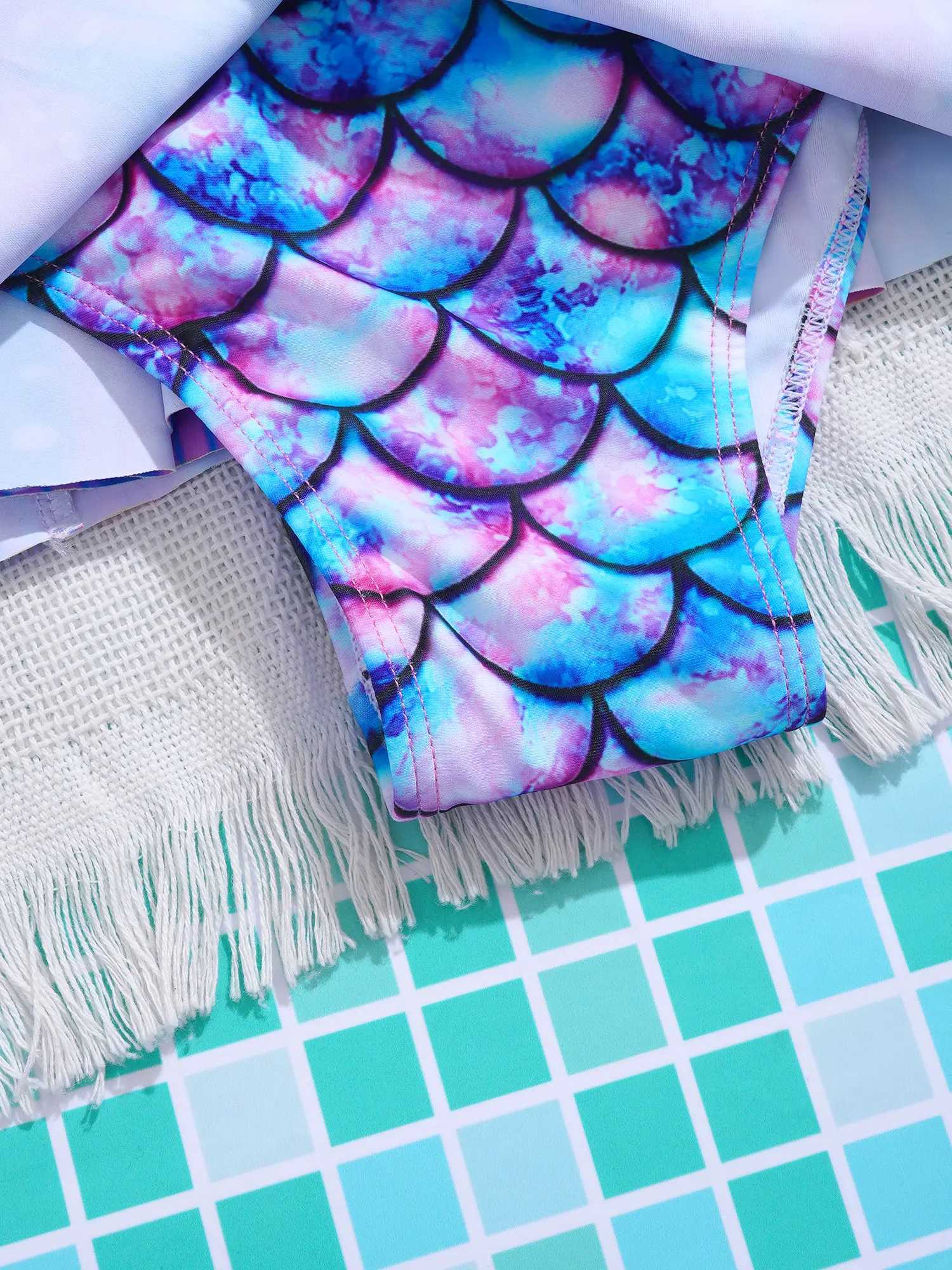 Kids Girls One-piece Swimsuit Mermaid Fish Scales Print Leotard Ruffle Jumpsuit Surfing Bathing Suit Beachwear Swim Rash Guard Z250214