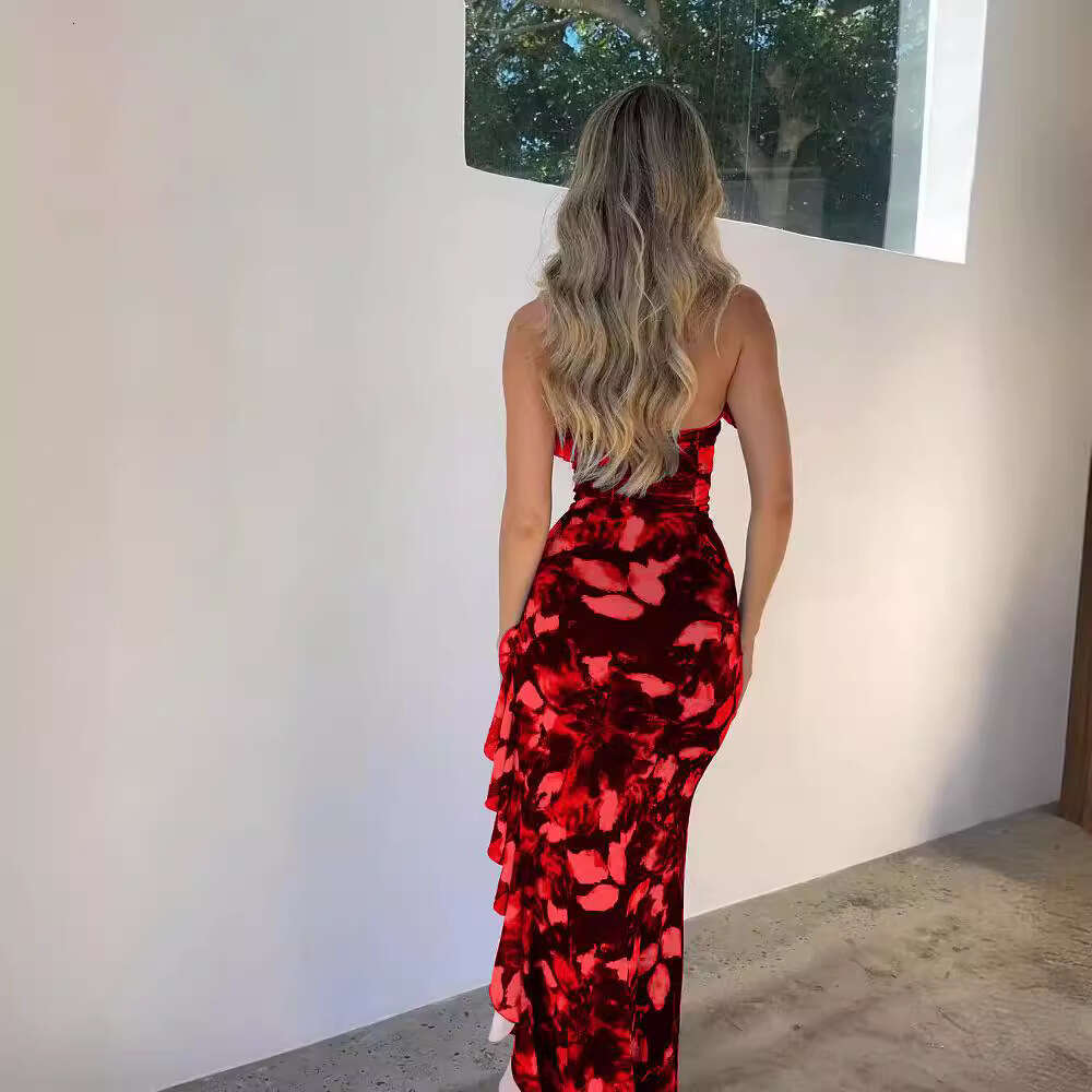 Women's spring product fashionable and sexy hollow out backless lace up slit printed dress wholesale 2025 new casual versatile fashion clothing