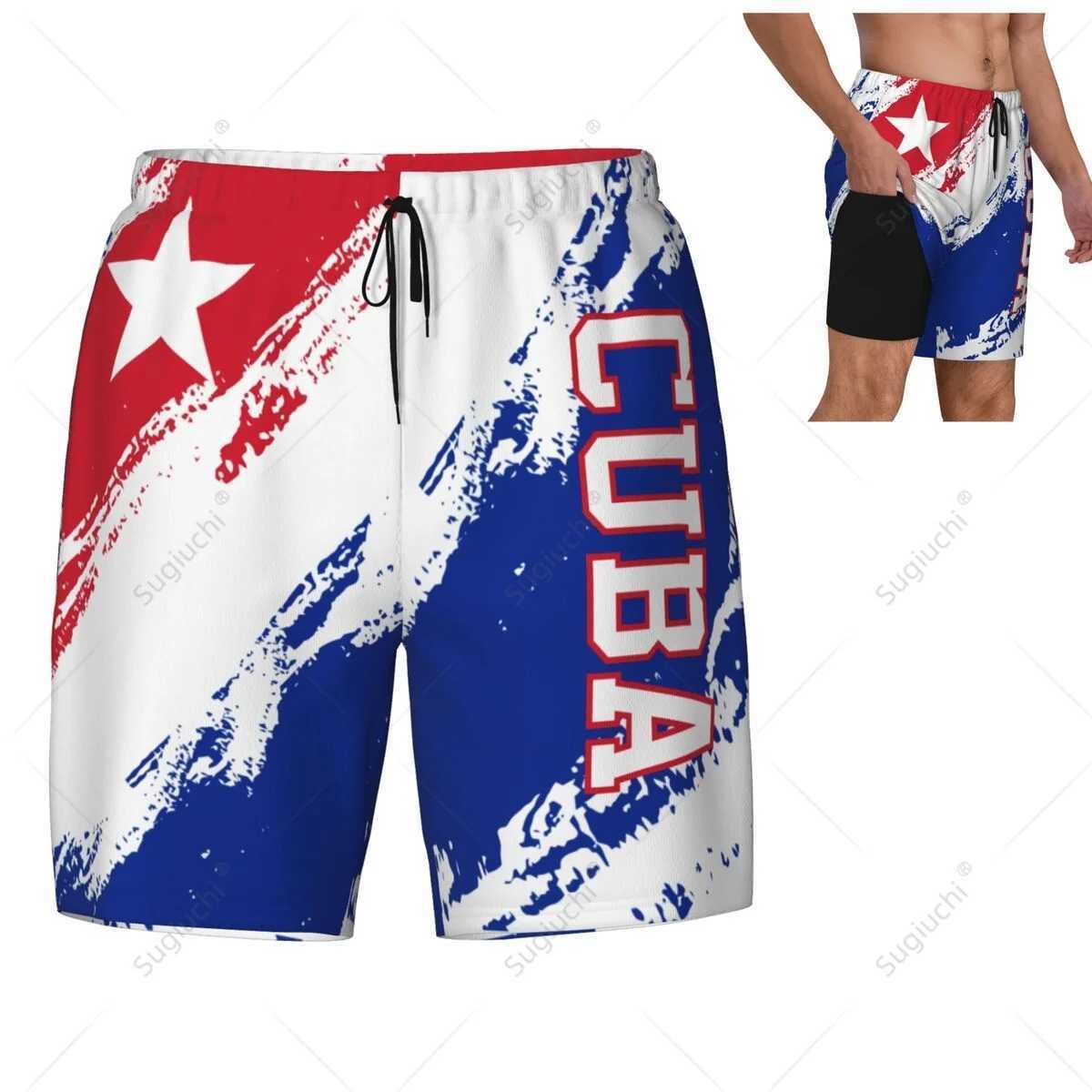 Cuba Flag Color 3D Mens Swimming Beach Surfing Pants Swim Shorts Trunks Compression Liner 2 in 1 Quick-DryT250213