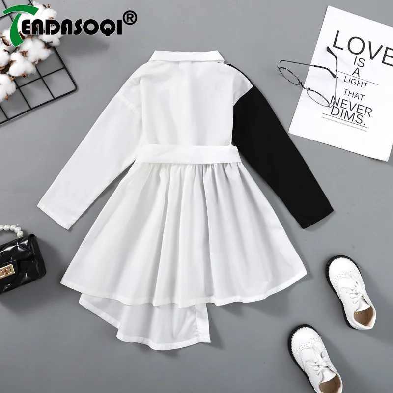 1-6Y Summer Kids Girl Lapel Shirt Dress Splicing Colors Long-sleeve Single-breasted Irregular Dresses With Belt Children Clothes Z250214