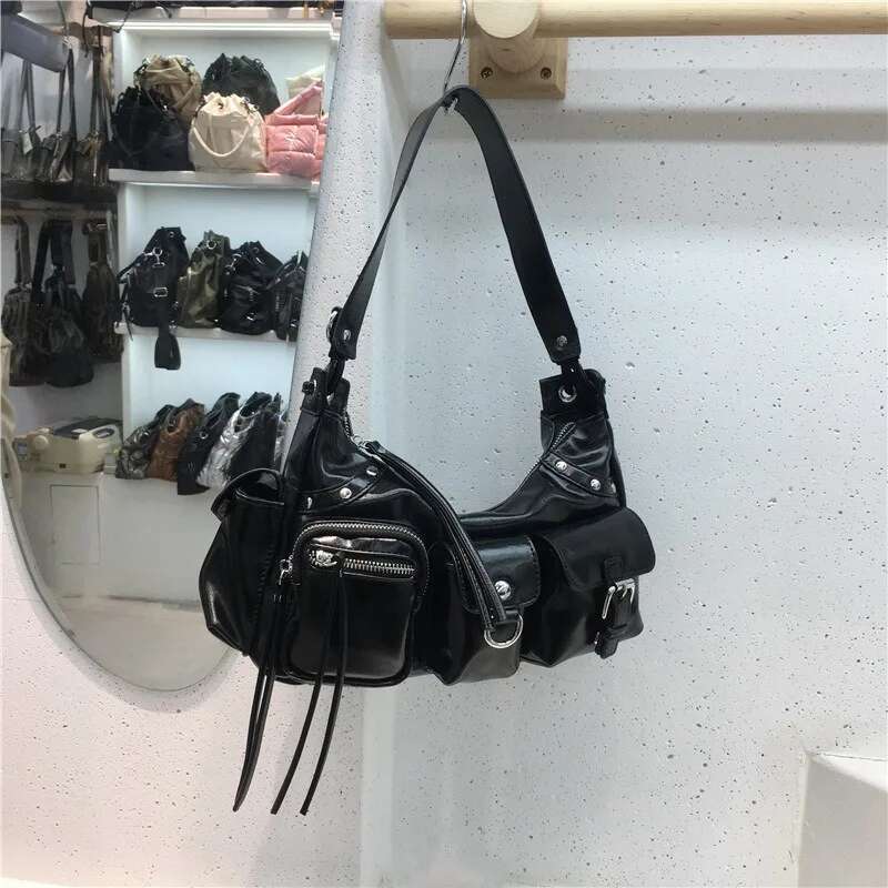 Vintage Moto Bags Pockets Shoulder Bag Women Casual Crossbody PU Leather Handbag