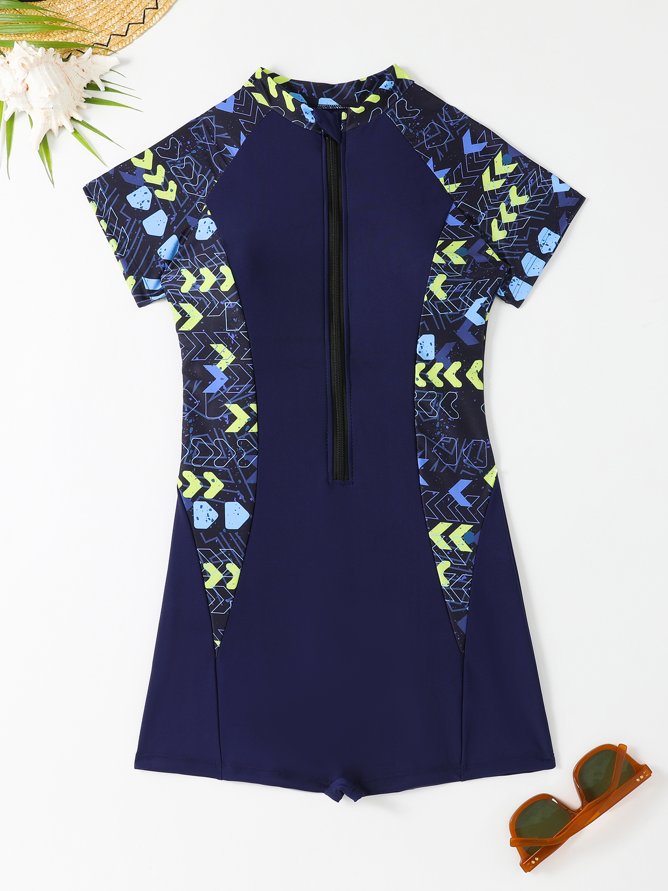 Women's Short Sleeves Boyleg One Piece Rash Guard with Built in Bra UPF50+ Zip Long Sleeve Full Body Modest Swimsuit