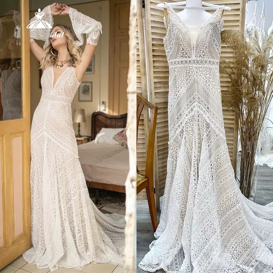Boho V-neck Mermaid Vintage Vestido De Noiva Sweep Train Sleeveless Lace Backless Wedding Dress Women Bride Gown robe Customized