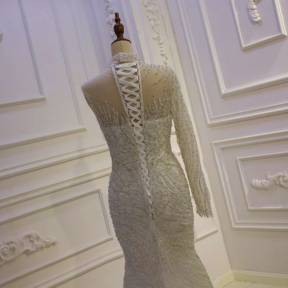 Custom One Shoulder High Neck Full Strap Beading Lace 2 in 1 Mermaid Wedding Dress