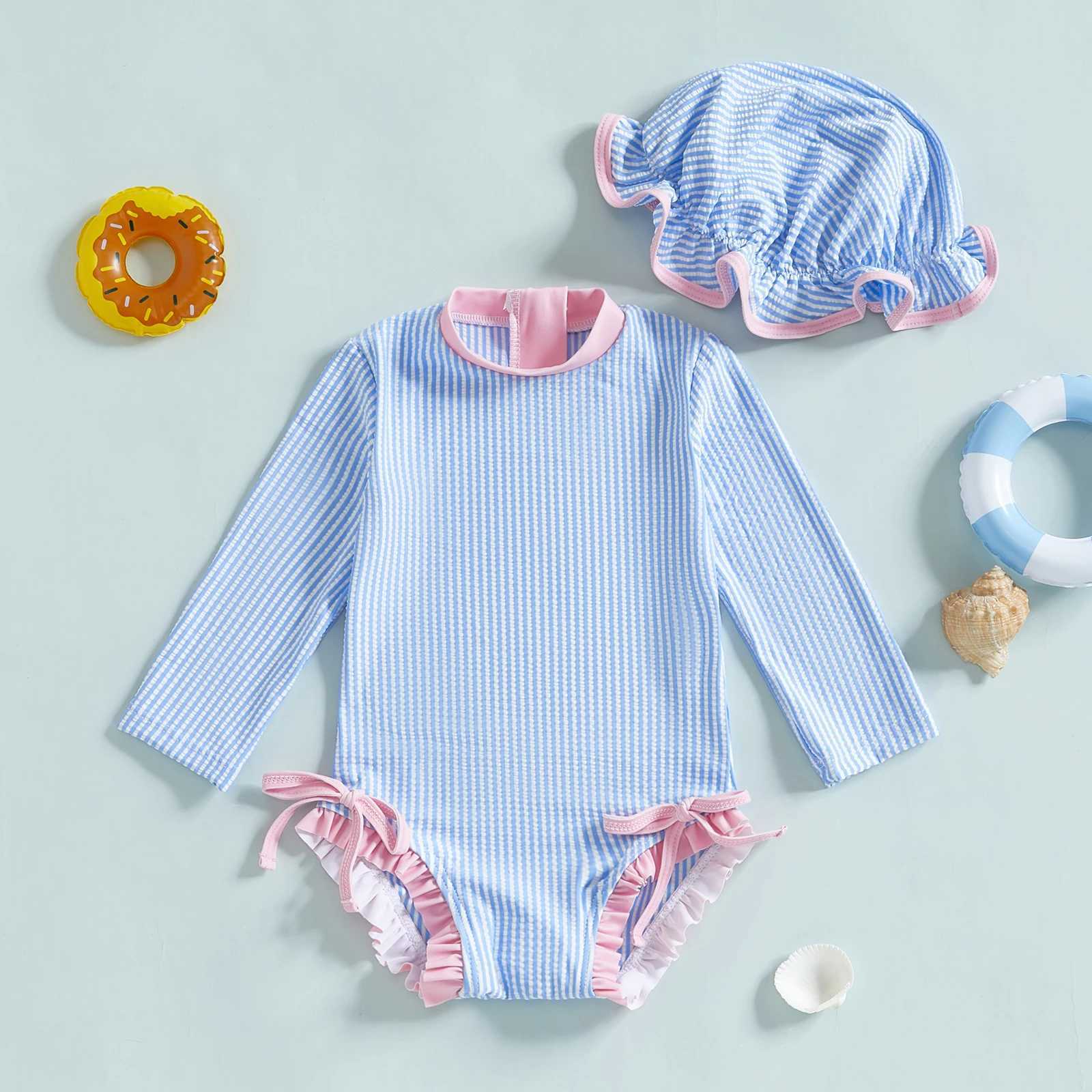 Yiiciovy Toddler Girls Ruffle Swimwear Beach Wear Princess Rash Guard Swimsuit with Hat Striped Long Sleeve Baby Bathing Suit Z250214