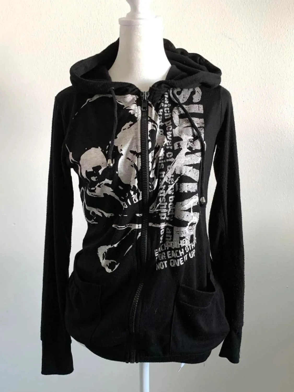 Retro Printed Black Top with Hooded Subculture Harajuku Gothic Coats Y2k Faux Fur Sweatshirt Jacket Women Spring Thin Korean 250213