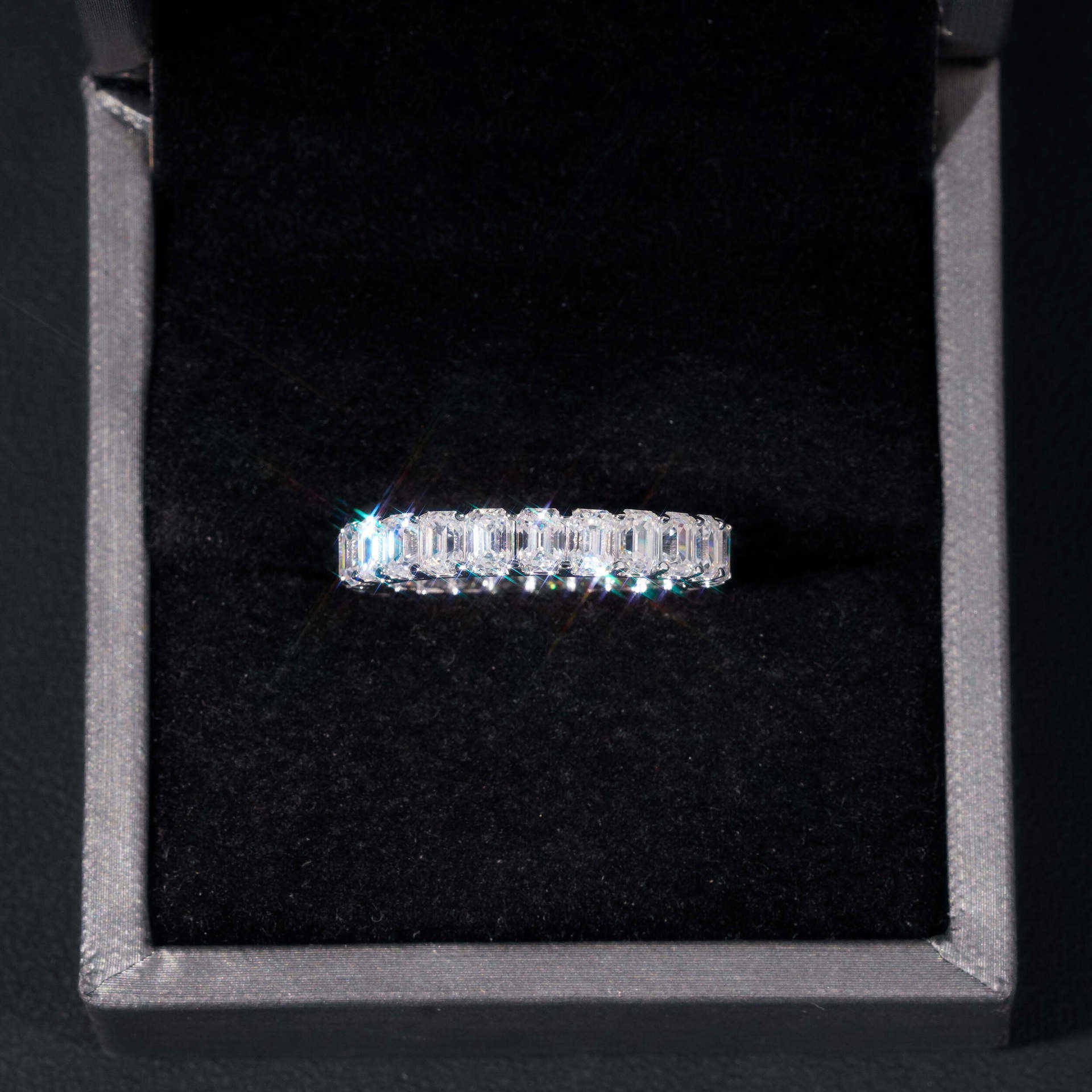 Hot selling S925 silver 0.3ct emerald cut ring with full set colorful moissanite single row mens and womens rings