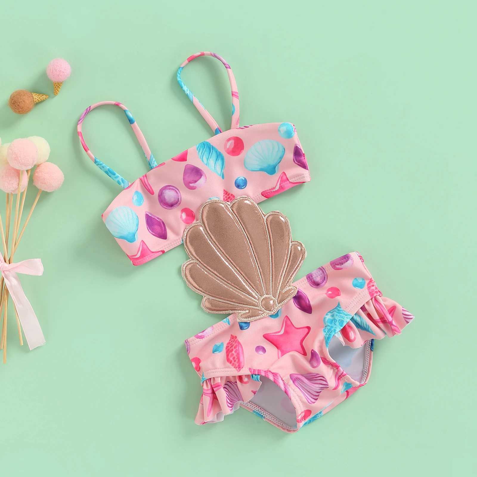 2022 Yiiciovy Baby Girls Summer Swimwear Sweet Girls Bathing Suit Beachwear Sleeveless Swimsuit with Shell Swimsuits Z250214