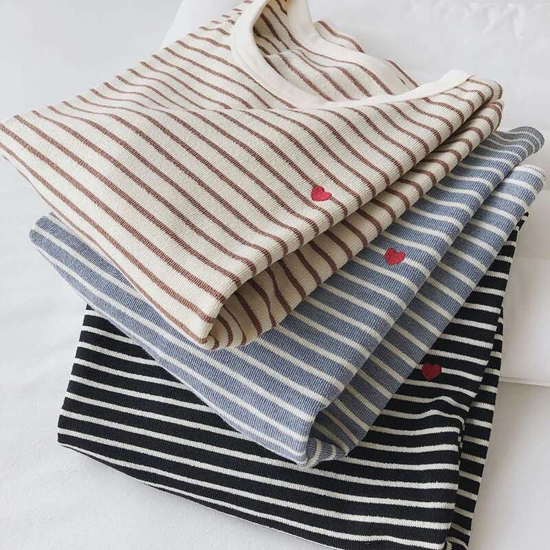 Love Embroidery Striped Sweatshirt Women Autumn Loose Fit Slimming Round Neck Long Sleeved Tops