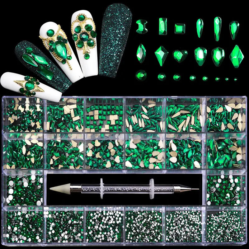 2800pcs/Box Rhinestone Nail Art Jewelry Set Glass Nail Crystals Box 3D Flat Glass Shaped Diamond Nails Decoration Gem 250214