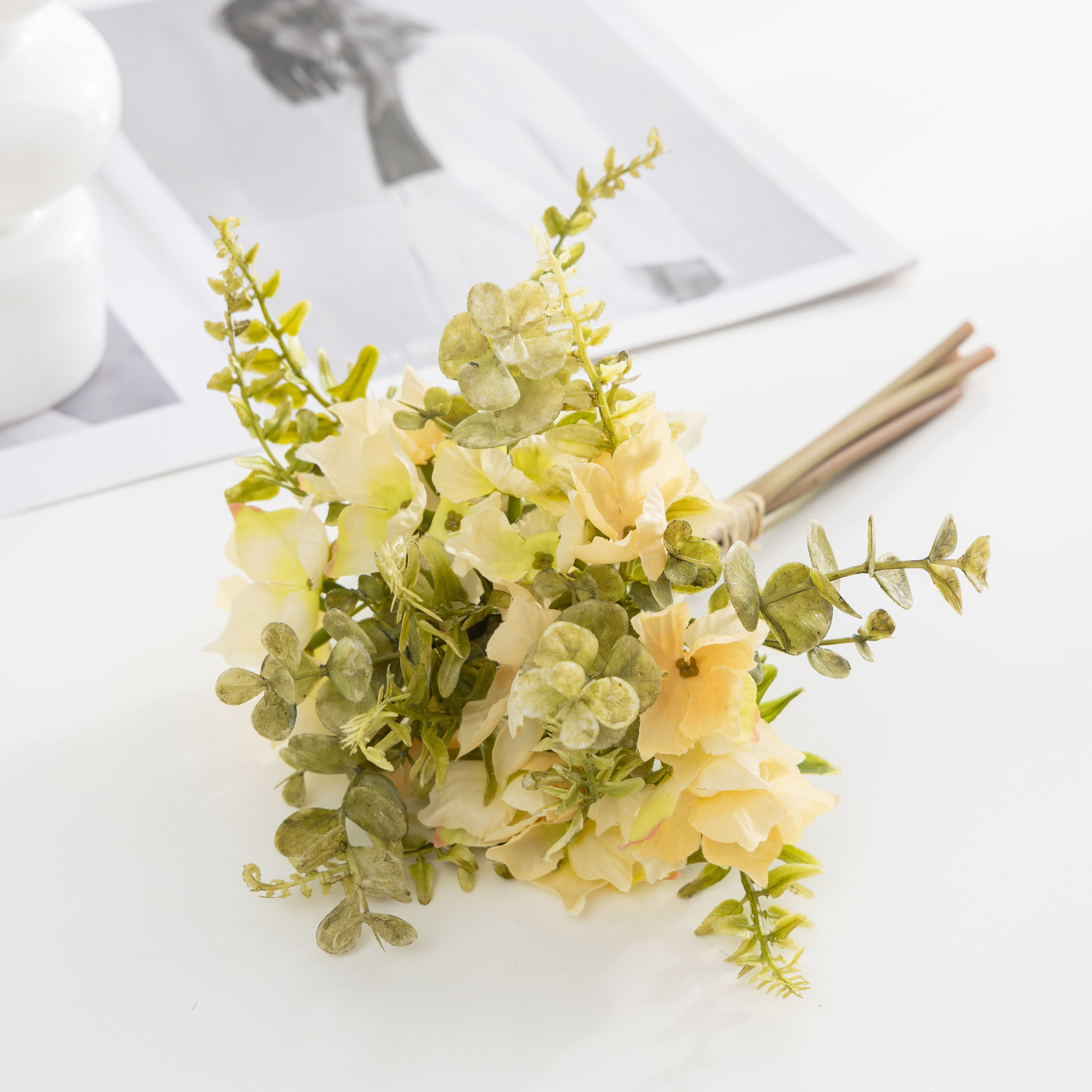 Handcrafted Elegant Fake Flower Bunch Featuring Elderly Appeal - Eucalyptus & Hydrangeas