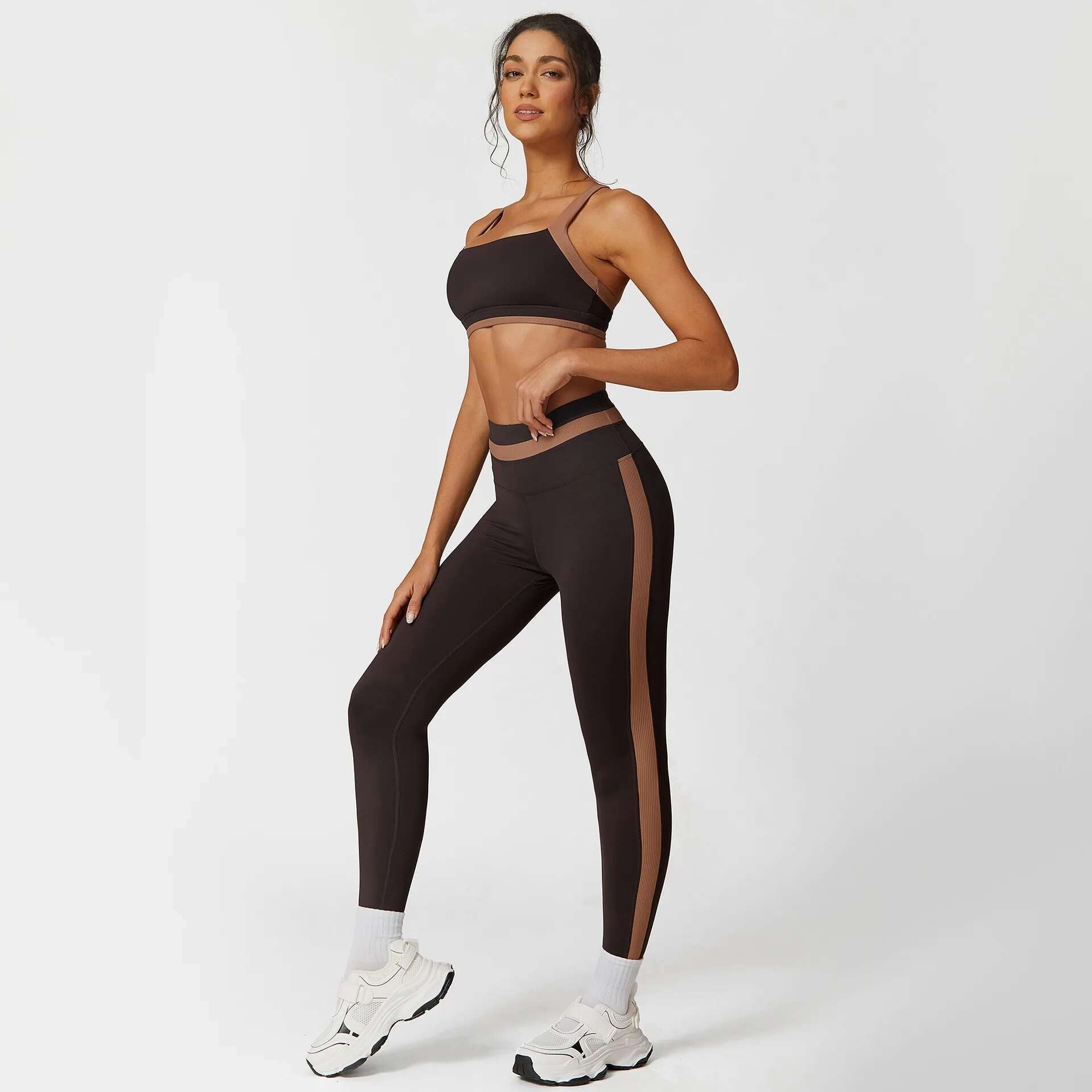 Yoga Sets 2 Pieces Women Clashing Color Ribbed Sports Suits Shockproof Bra&High Waist Leggings Elastic Gym Workout Clothing