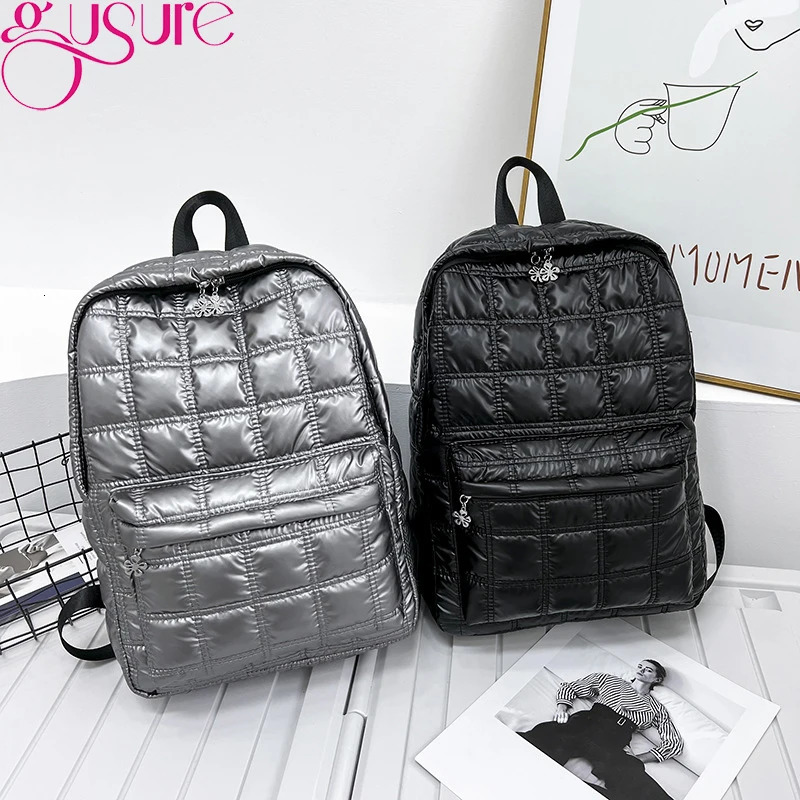 Gusure Winter Space Down Womens Backpack Fashion Quilted Plaid Female School Bags for Girls Casual Large Capacity Handbag bolsa 250214